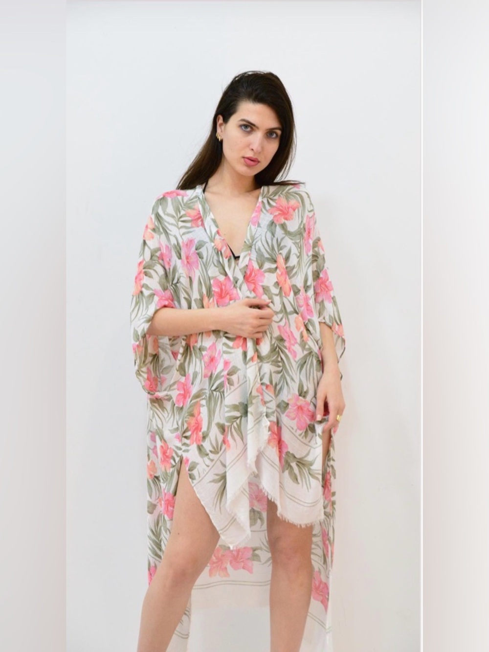 American Eagle Outfitters White Floral Pink & Green Kaftan Swim Cover-Up